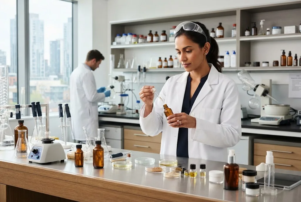 Beauty research in a modern skincare and cosmetic science laboratory