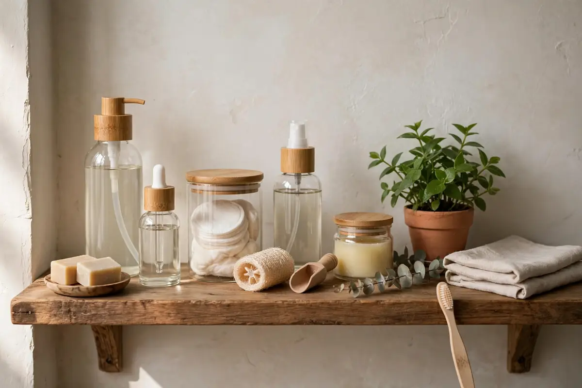 sustainable beauty products in refillable bottles with natural ingredients on a wooden shelf