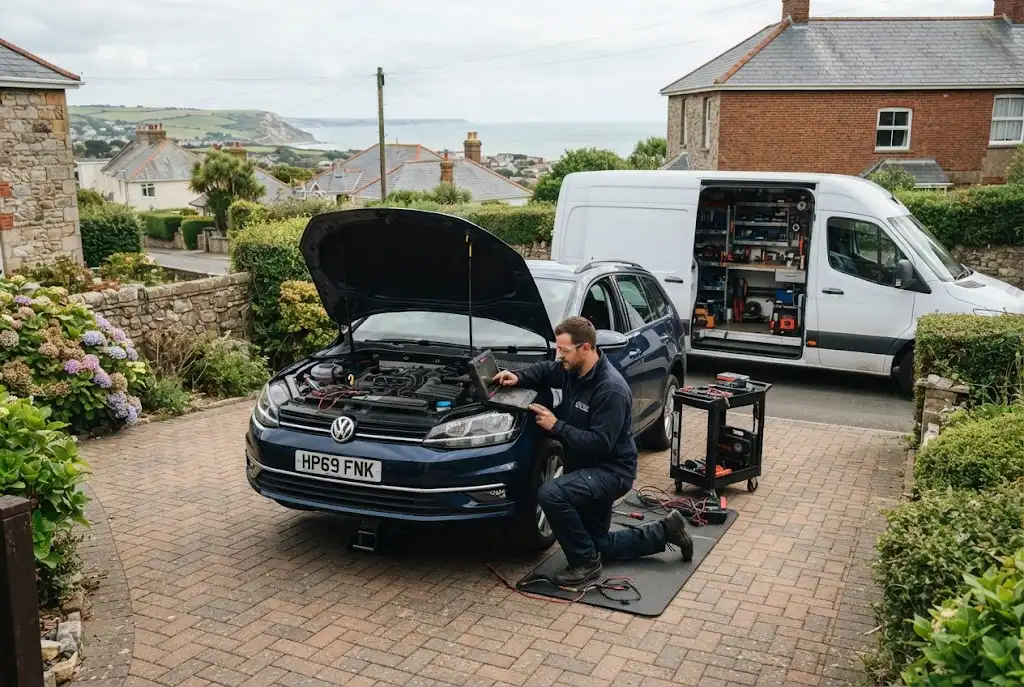 Mobile auto service mechanic assisting a vehicle on the Isle of Wight