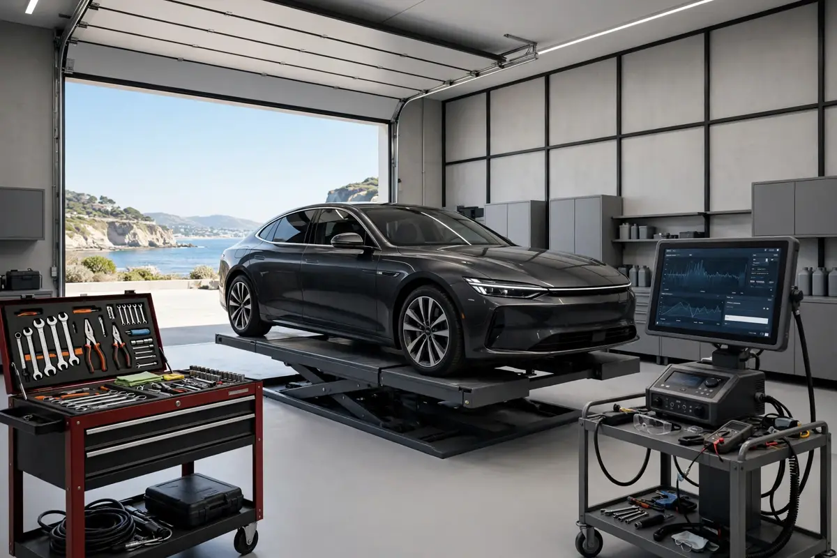 BMW service at a modern garage on the Isle of Wight with a premium car on a lift and diagnostic equipment